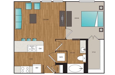 Floor plan for 1 bed, 1 bath, 647 sqft